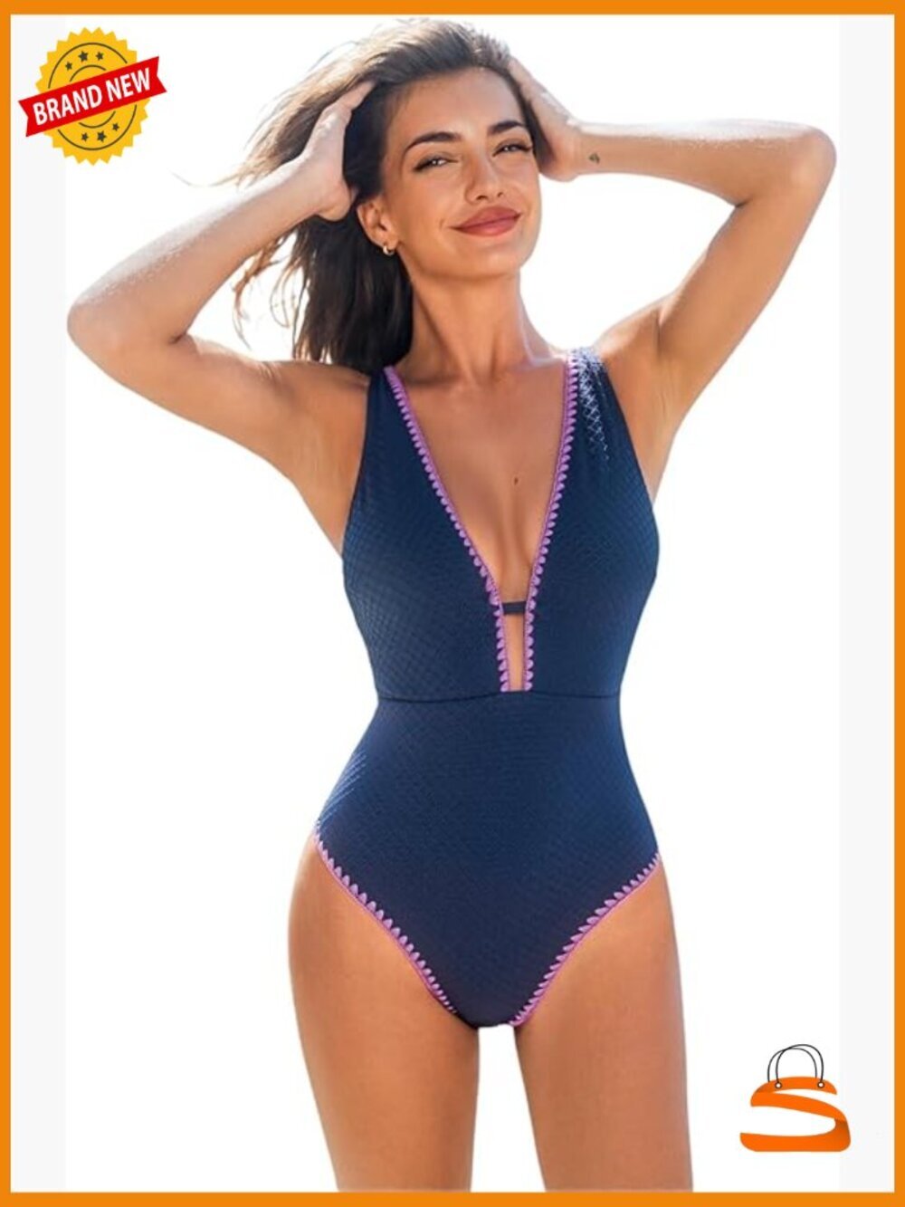 One Piece Swimsuit Tummy Control V Neck Cutout Crisscross Back Cheeky Textured